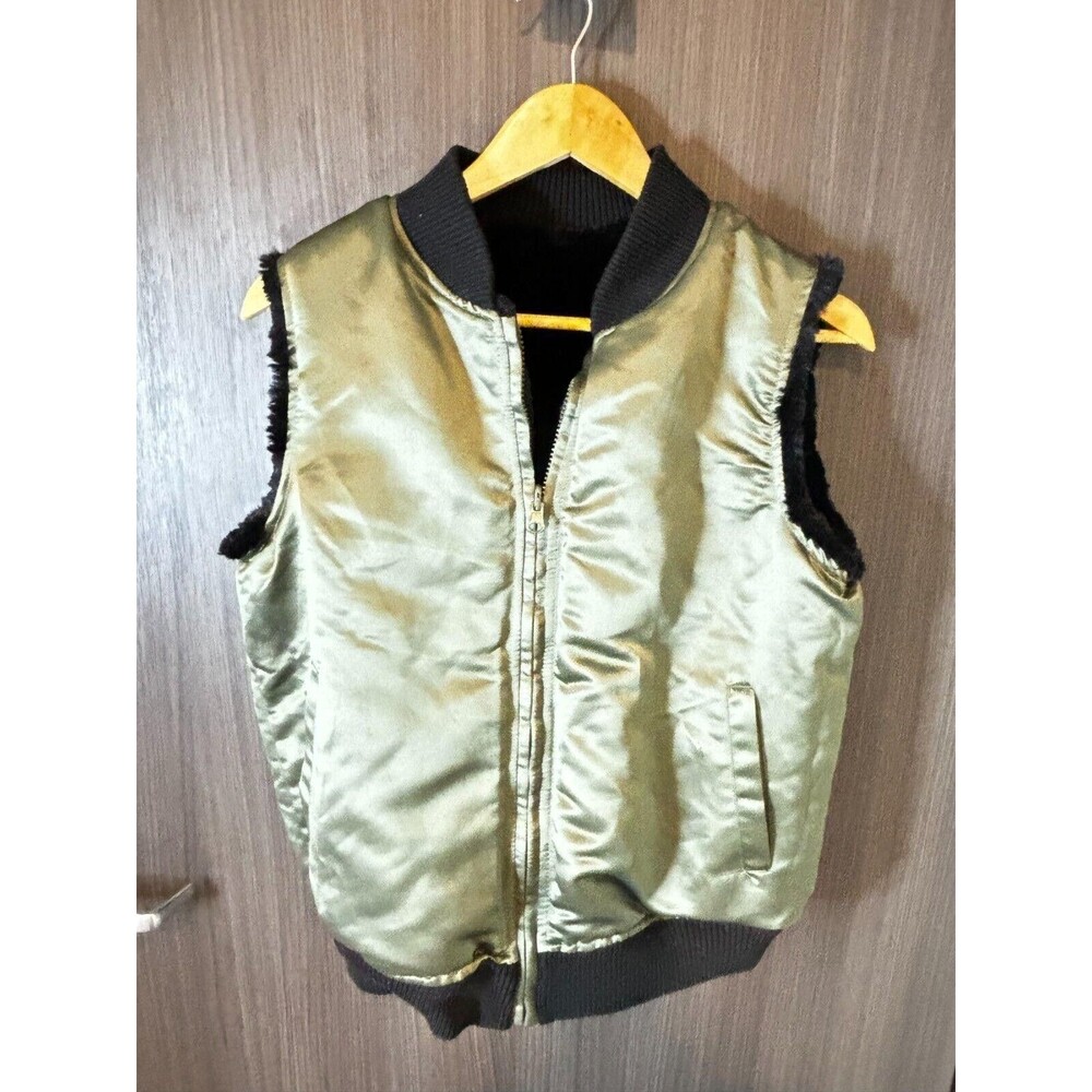 H by HEURUEH Reversible Vest Women's Faux Fur zip green black Utility satin